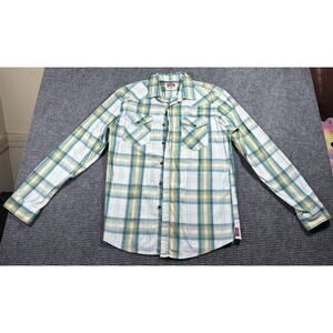 Wrangler Mens Medium Blue Gold White Plaid Button Up Long Sleeve Stretch Western